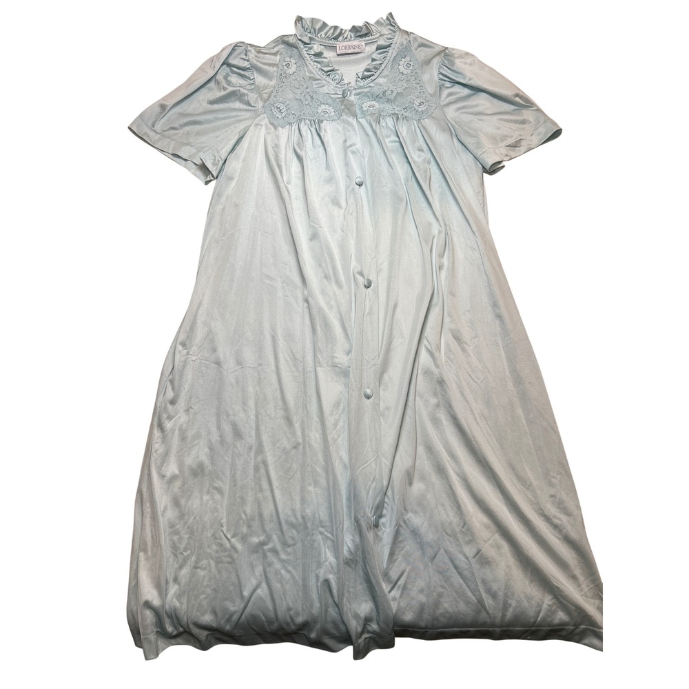 Lorraine Vintage Light Blue Lace Button Front Nightgown Housecoat Short Sleeve